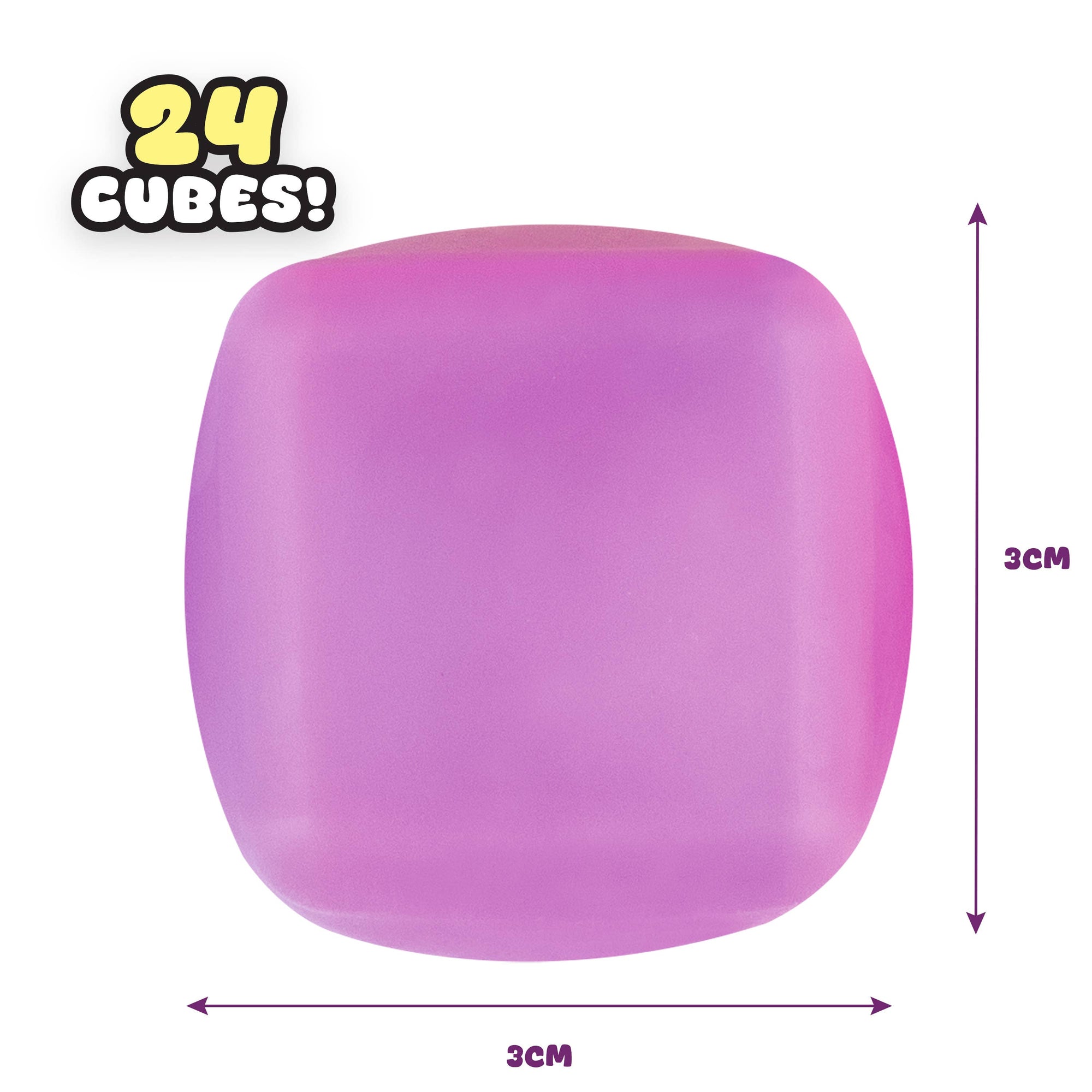 Purple cube with dimensions and '24 Cubes!' branding on a white background