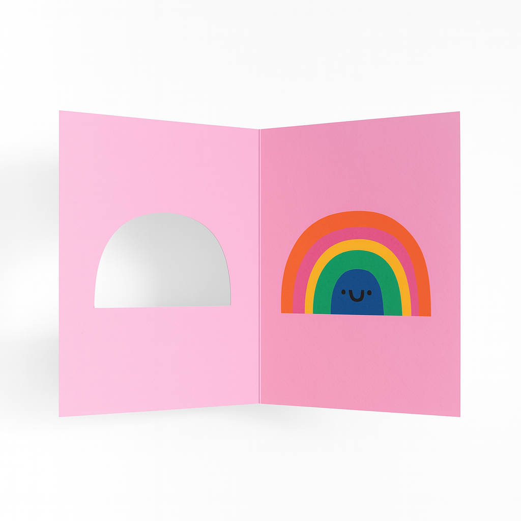 Pink card with a colorful rainbow design on a white background