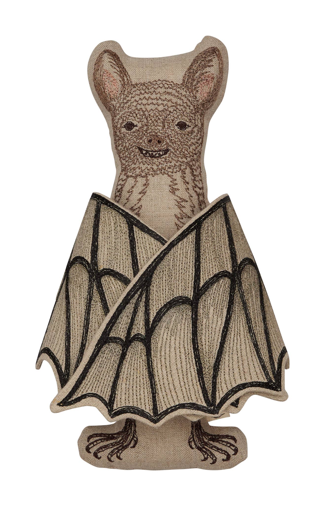 Textile art of a bat with bat wings on a white background