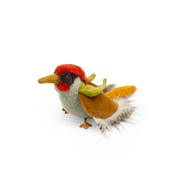Colorful bird-shaped toy with a red head and yellow body on a white background
