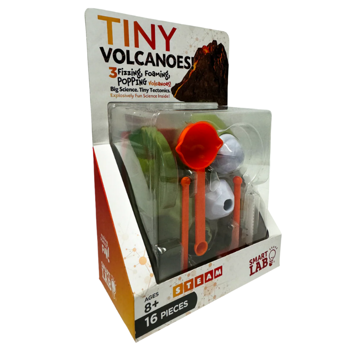 Smart Lab Tiny Volcanoes science kit packaging with colorful volcanoes and text on a white background