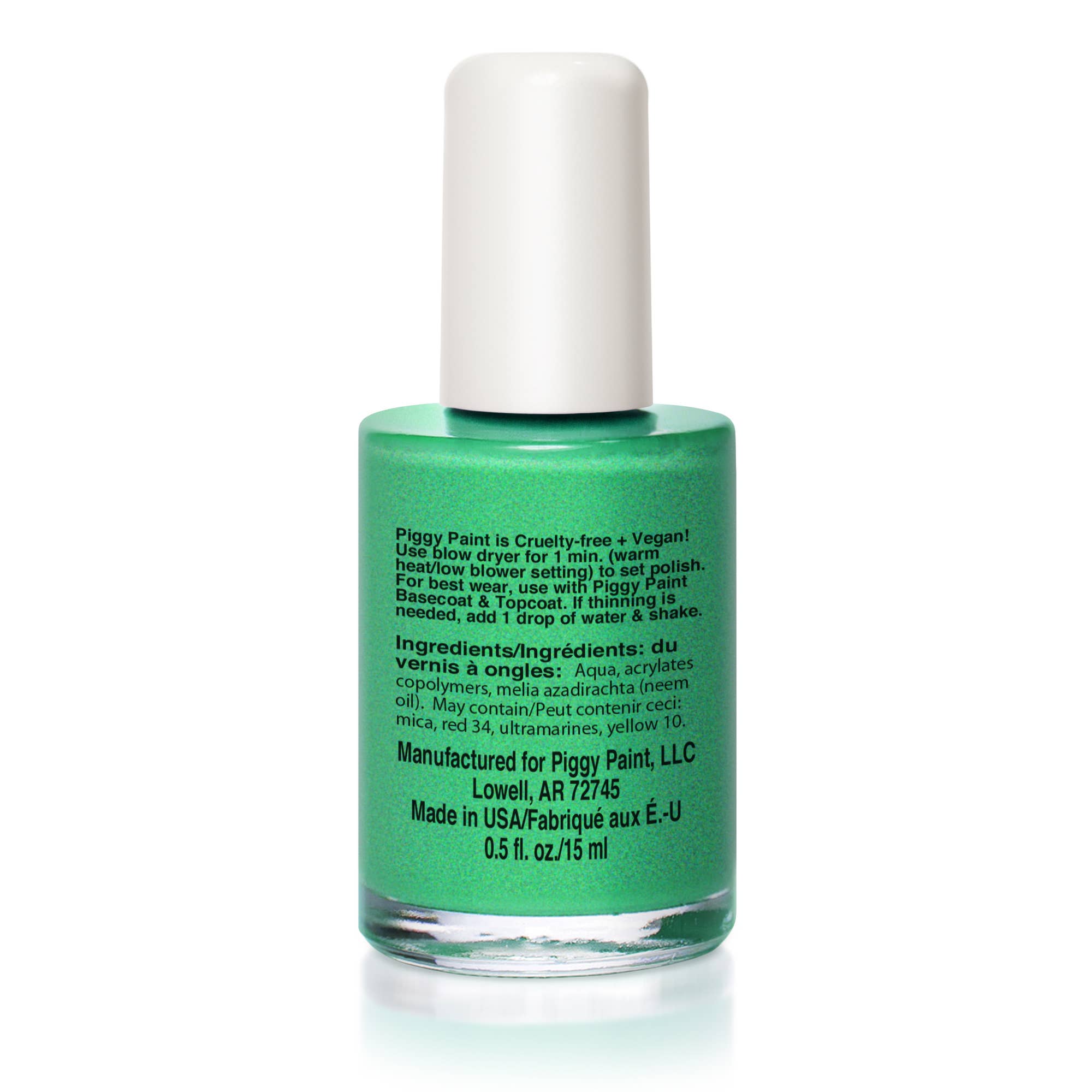 Green nail polish bottle with white cap on a white background
