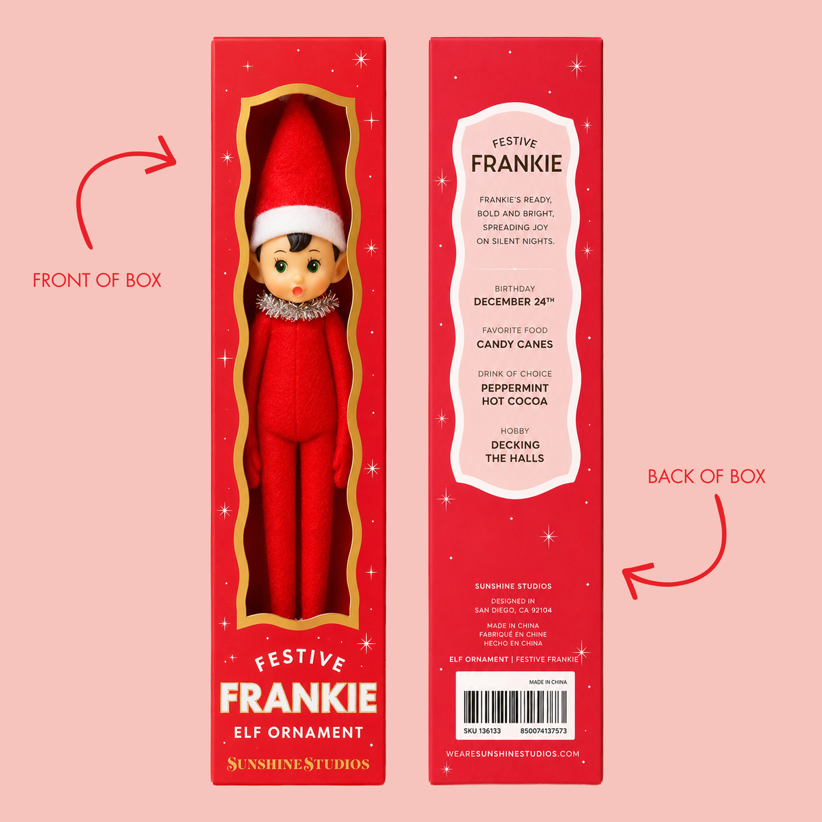 Front and back views of a red Christmas elf ornament box labeled 'Festive Frankie Elf Ornament' on a pink background, with arrows and text indicating front and back of the box.