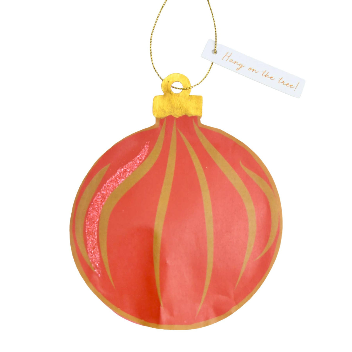 A red Christmas ornament with gold stripes and a glittery pink accent, hanging from a gold string with a small tag that reads 'Honey, are you tree?'.