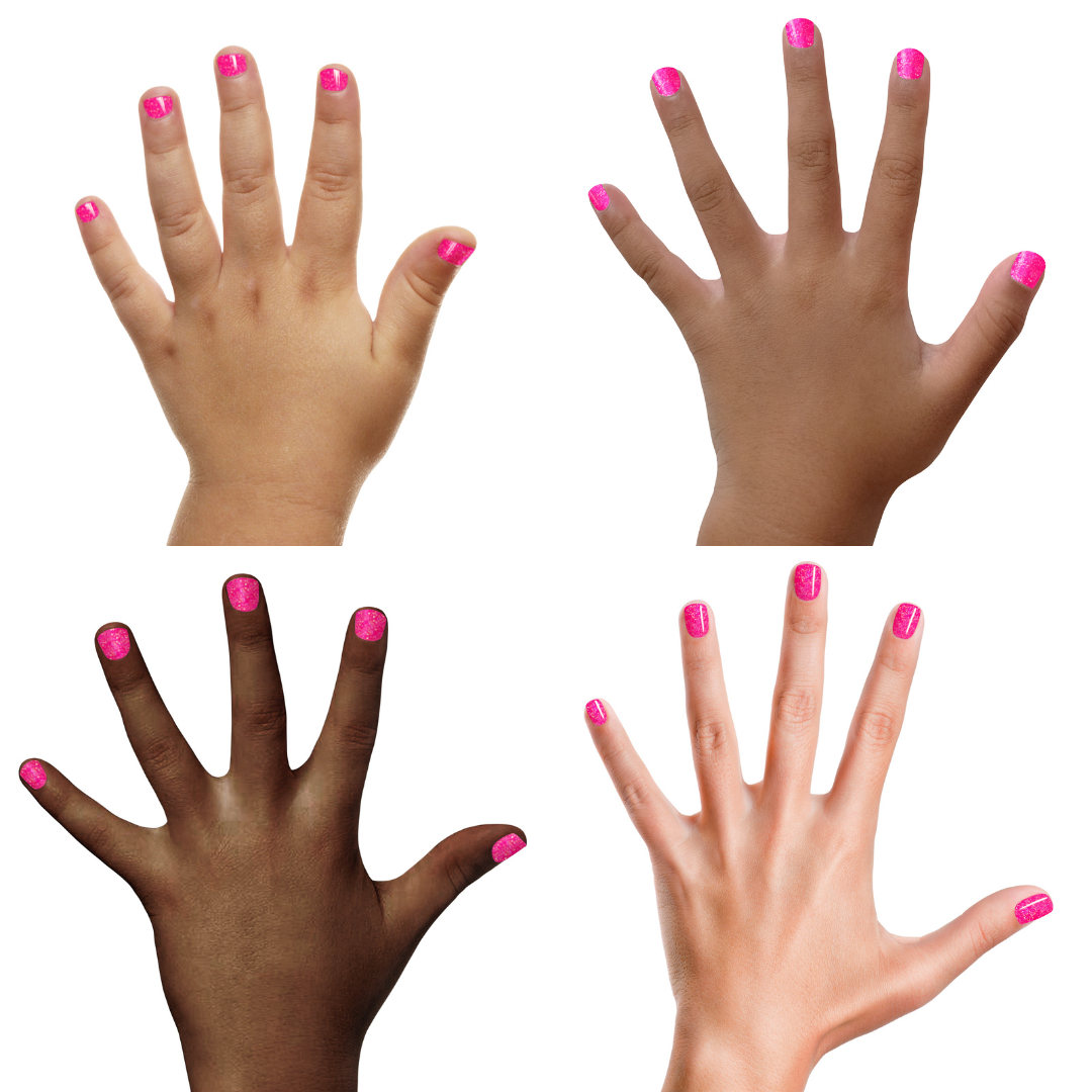 Four hands with pink nail polish on a white background