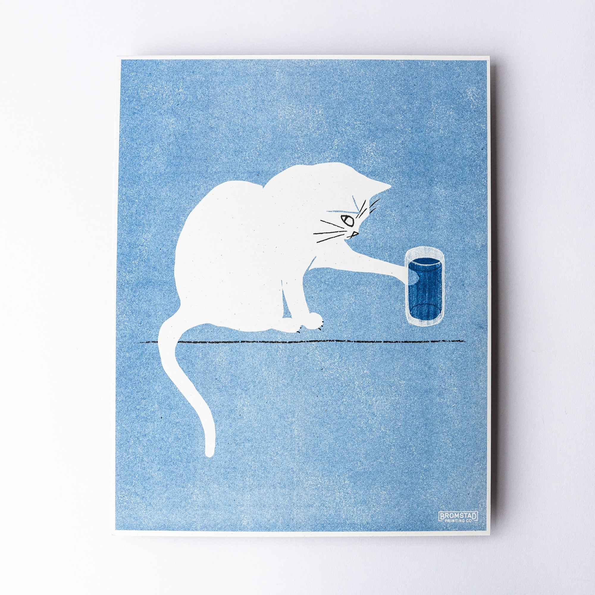 A poster with a illustration of a white cat poised next to a water glass, with a federal blue  color scheme.