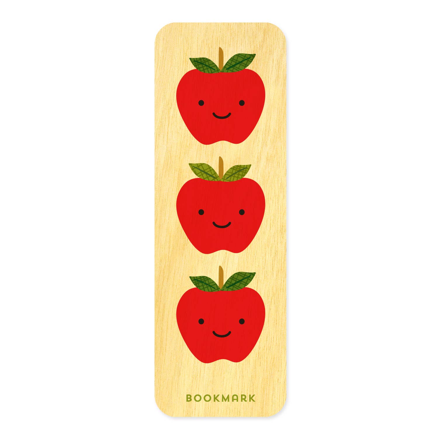 Wooden bookmark with three red apples on a white background