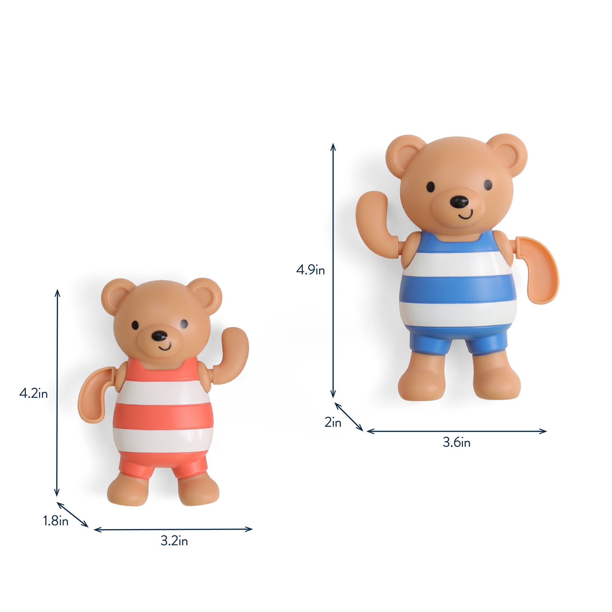 Two teddy bear figures with measurements on a white background