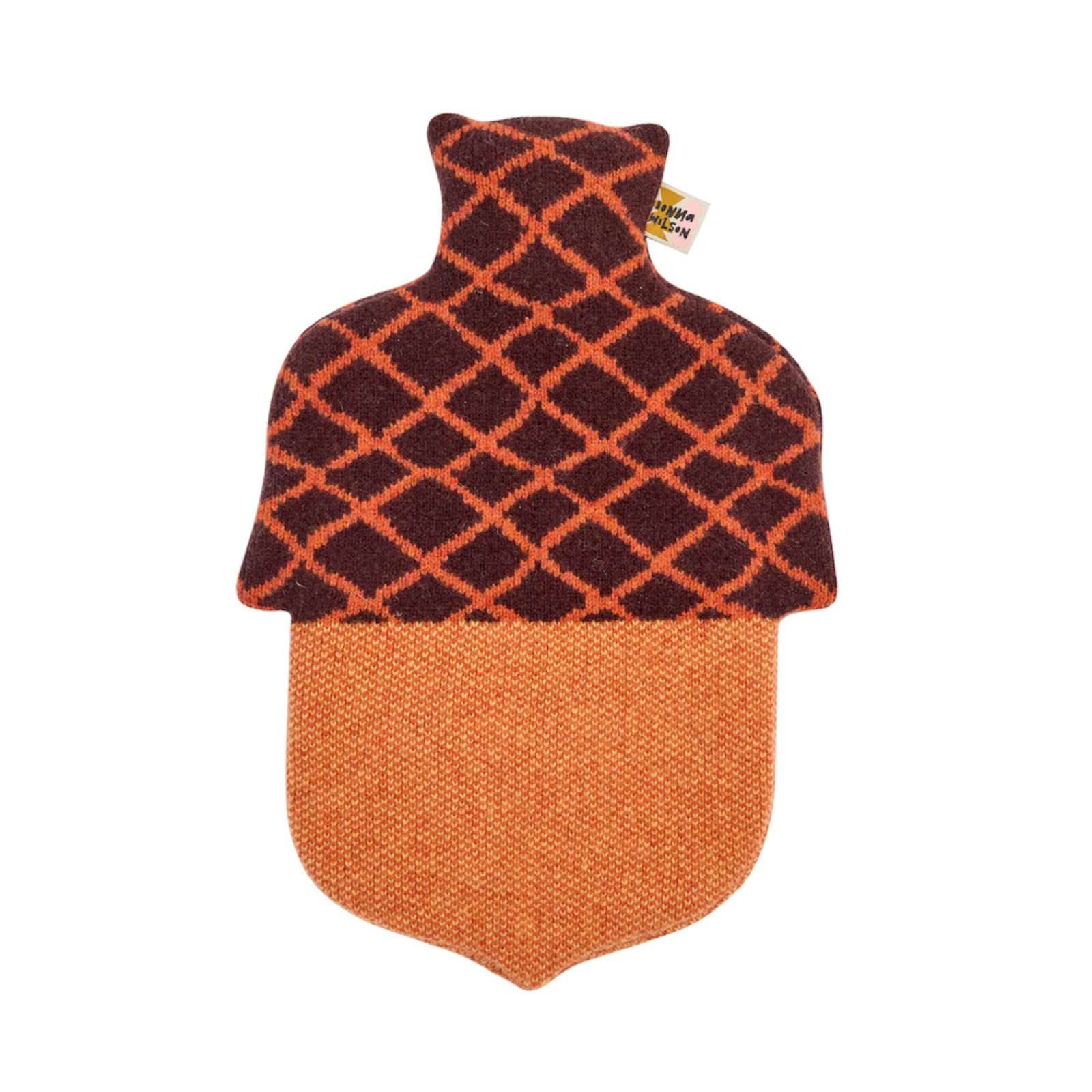 Acorn-shaped hot water bottle with brown and orange pattern on a white background