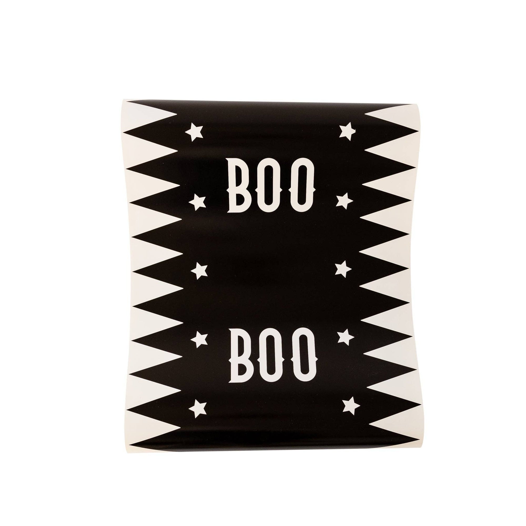 Black and white patterned table runner with 'BOO' text on a white background