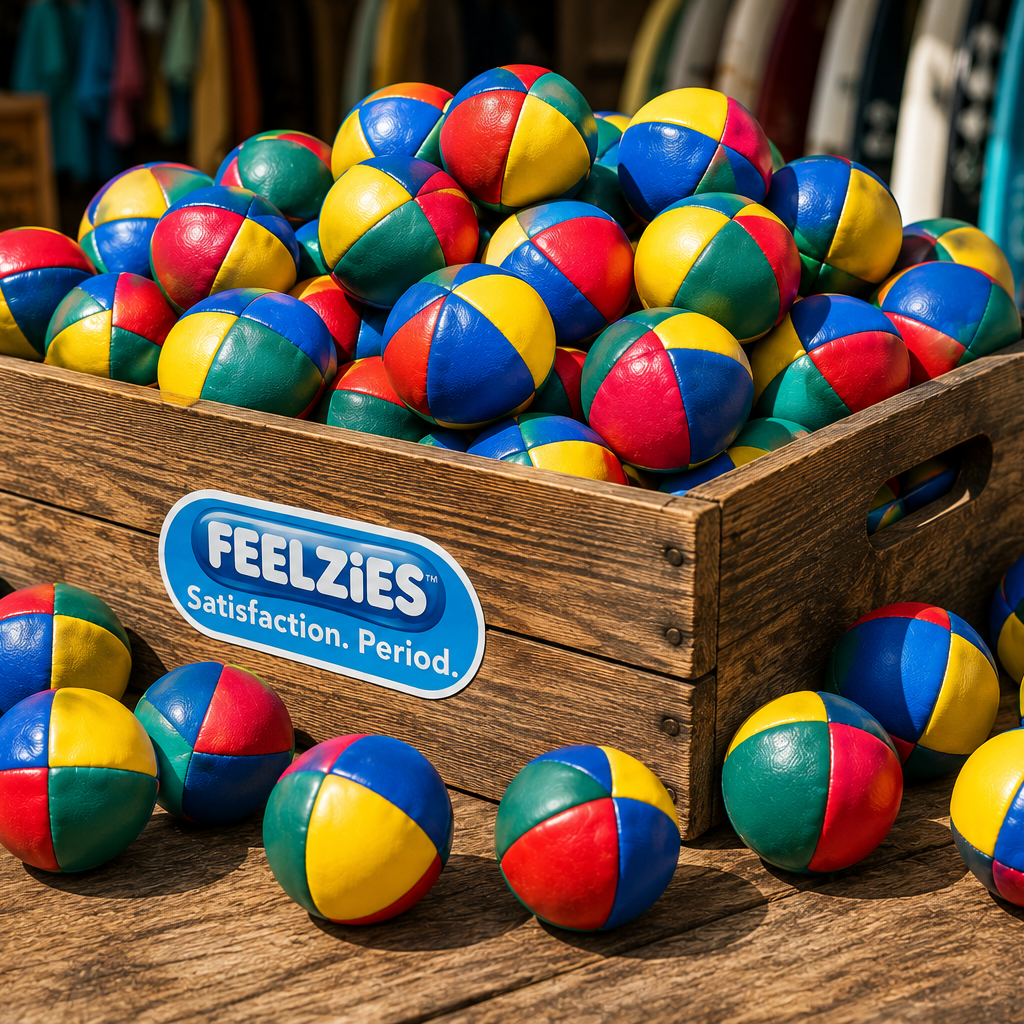 Colorful hacky sack balls in a wooden crate with 'Feelzies' branding on a wooden surface.