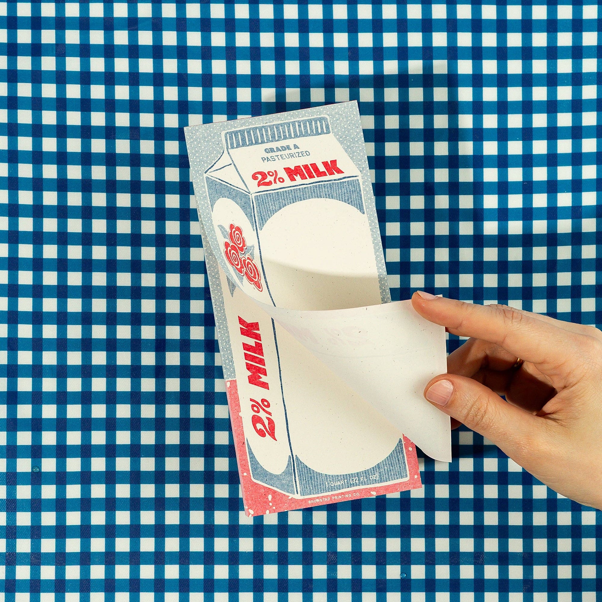 Hand holding a paper milk carton notepad against a blue checkered background