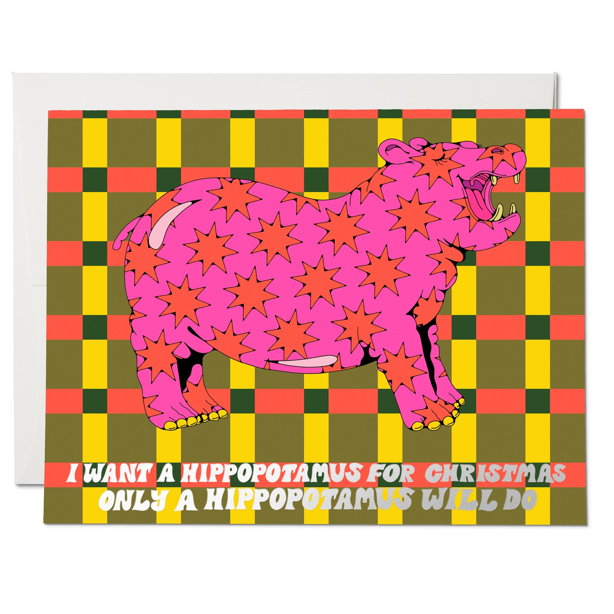 Greeting card with a pink hippopotamus on a checkered background and text.