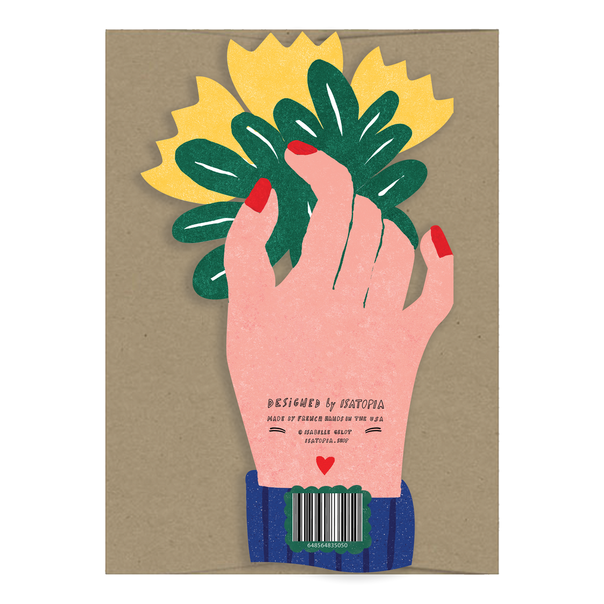 A square art print or card featuring a stylized illustration of a hand holding yellow flowers with green leaves, printed on a kraft-paper-like background. 