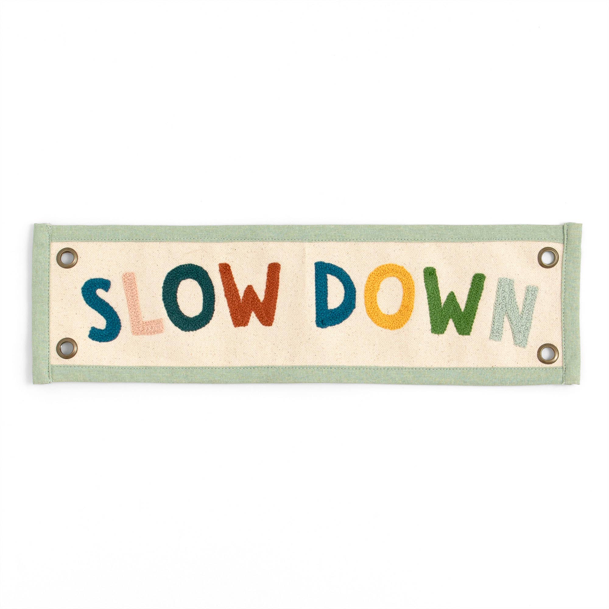 Decorative banner with 'SLOW DOWN' text on a white background