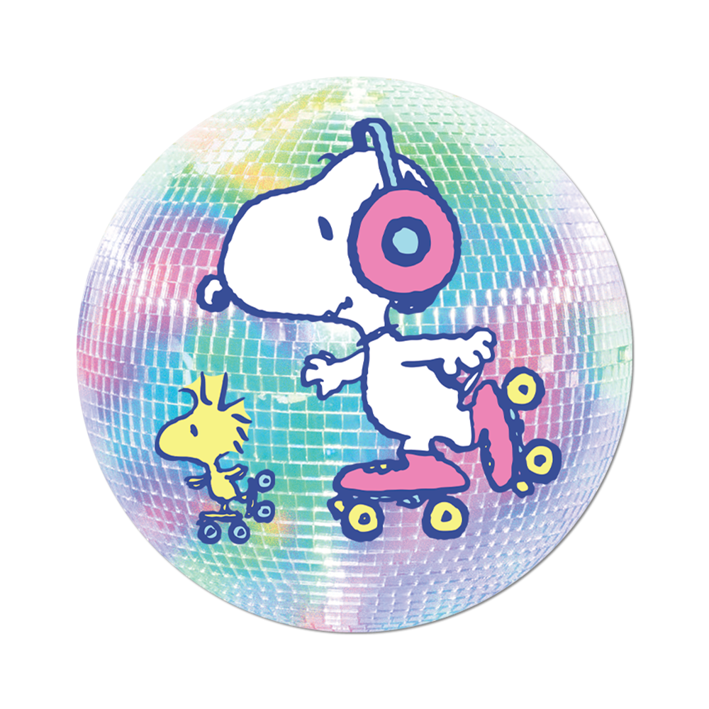 A round, holographic disco ball featuring a printed graphic of Snoopy on a pink roller skate wearing headphones, with Woodstock on a roller skate beside him, set against a plain white background.