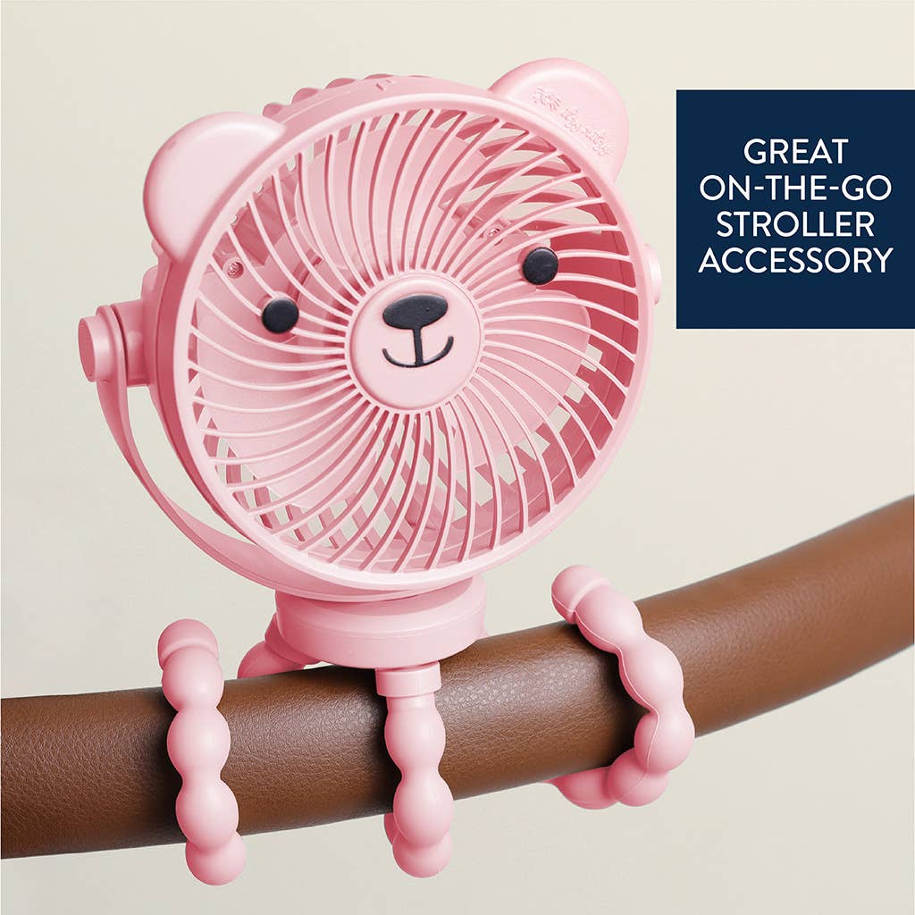 Pink fan shaped like a bear on a handle with text 'Great on-the-go stroller accessory' on a beige background