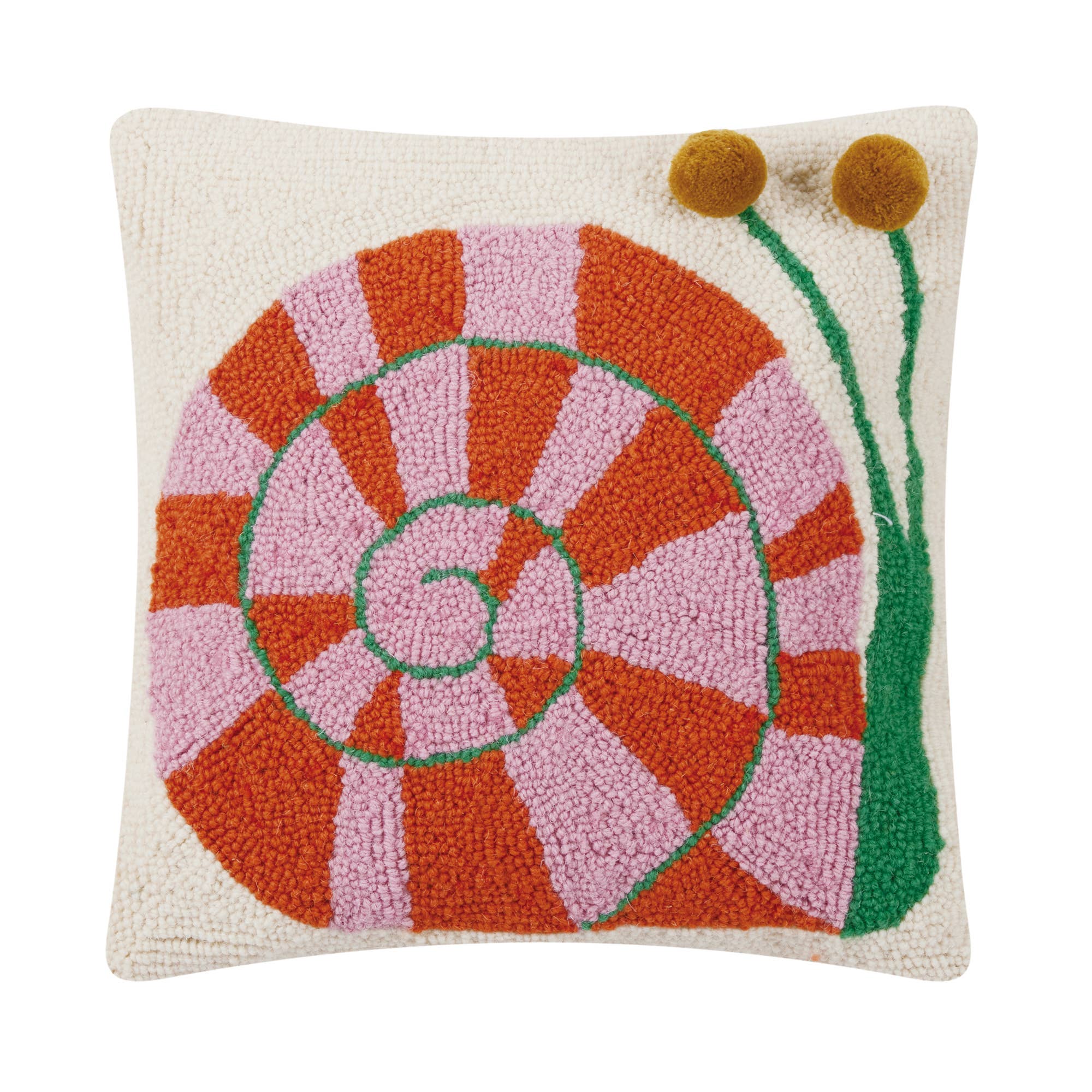 Decorative pillow with a snail shell design on a white background
