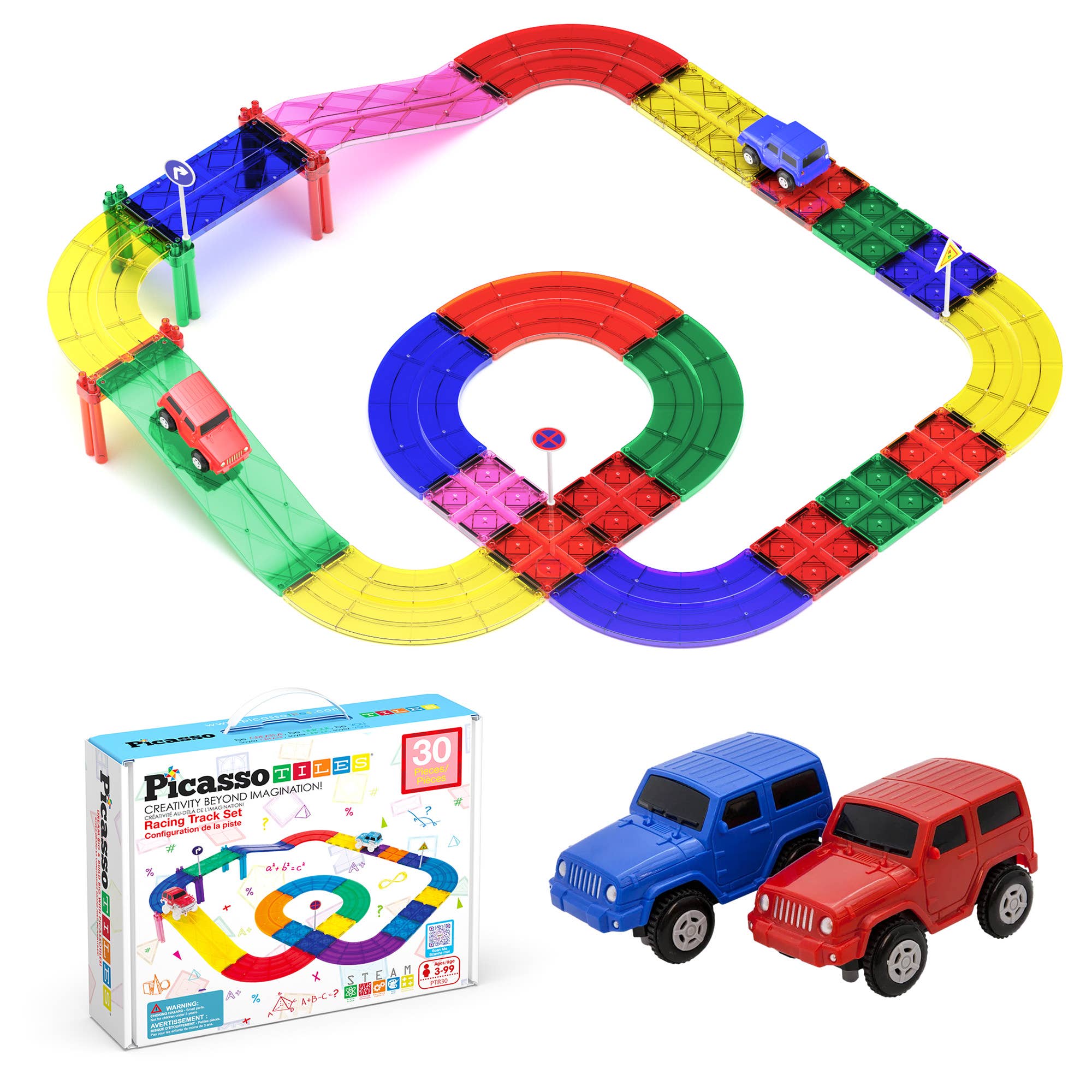 Colorful toy track set with two cars and packaging on a white background