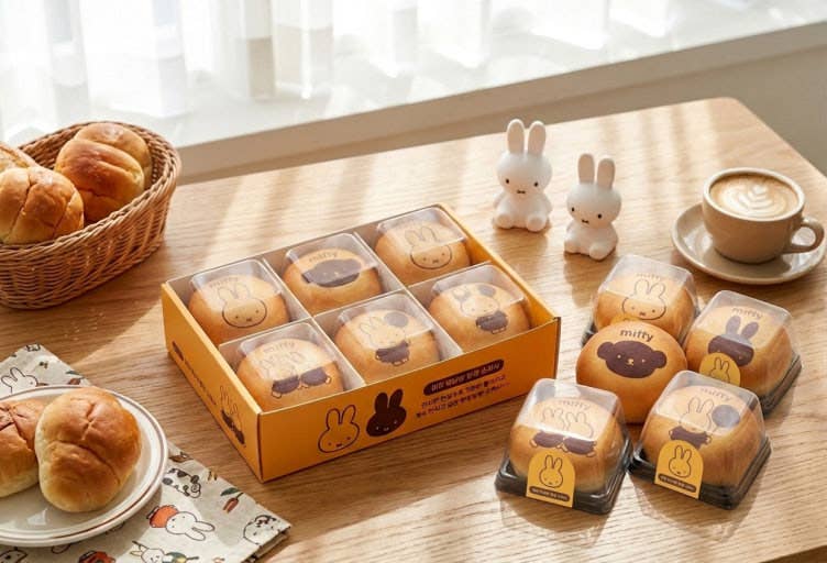 A bakery display on a wooden table featuring a yellow box of round decorated pastries and several individually packaged pastries with cartoon bunny faces. A wicker basket of bread rolls, a cup of coffee, and two small white bunny figurines are arranged around the products in a bright indoor setting.