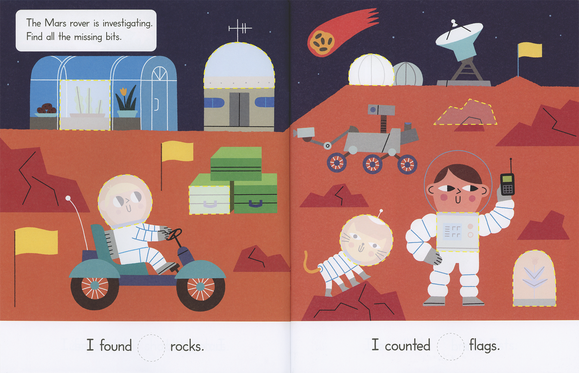 Illustrated book page with astronauts on a Mars rover and space-themed background.