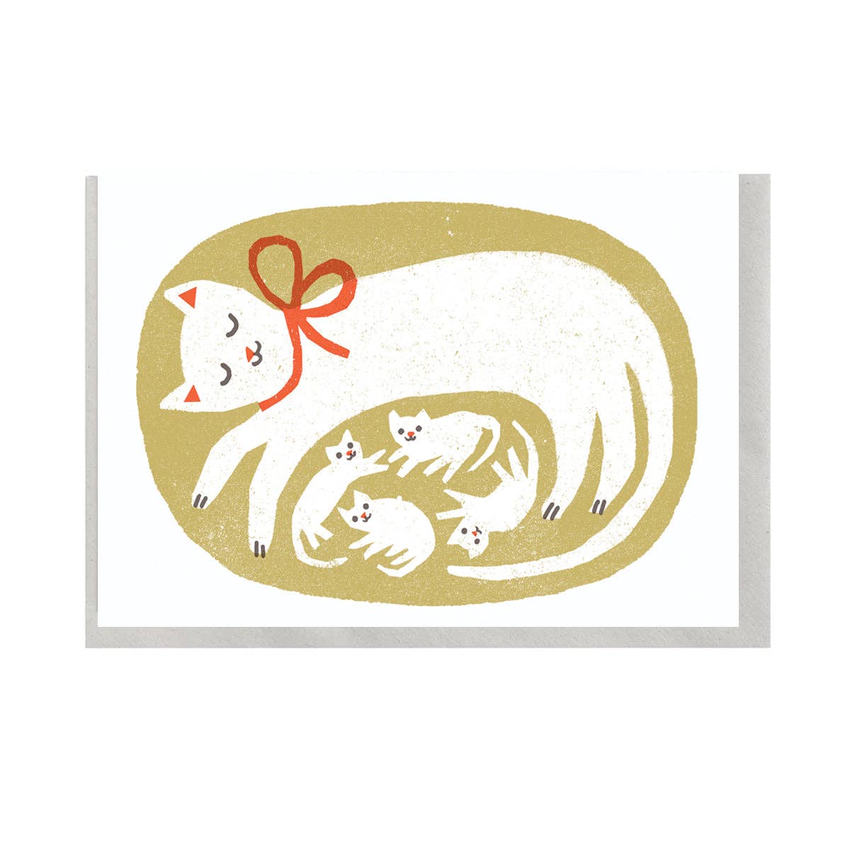 Illustration of a mother cat with her kittens on a gold oval background