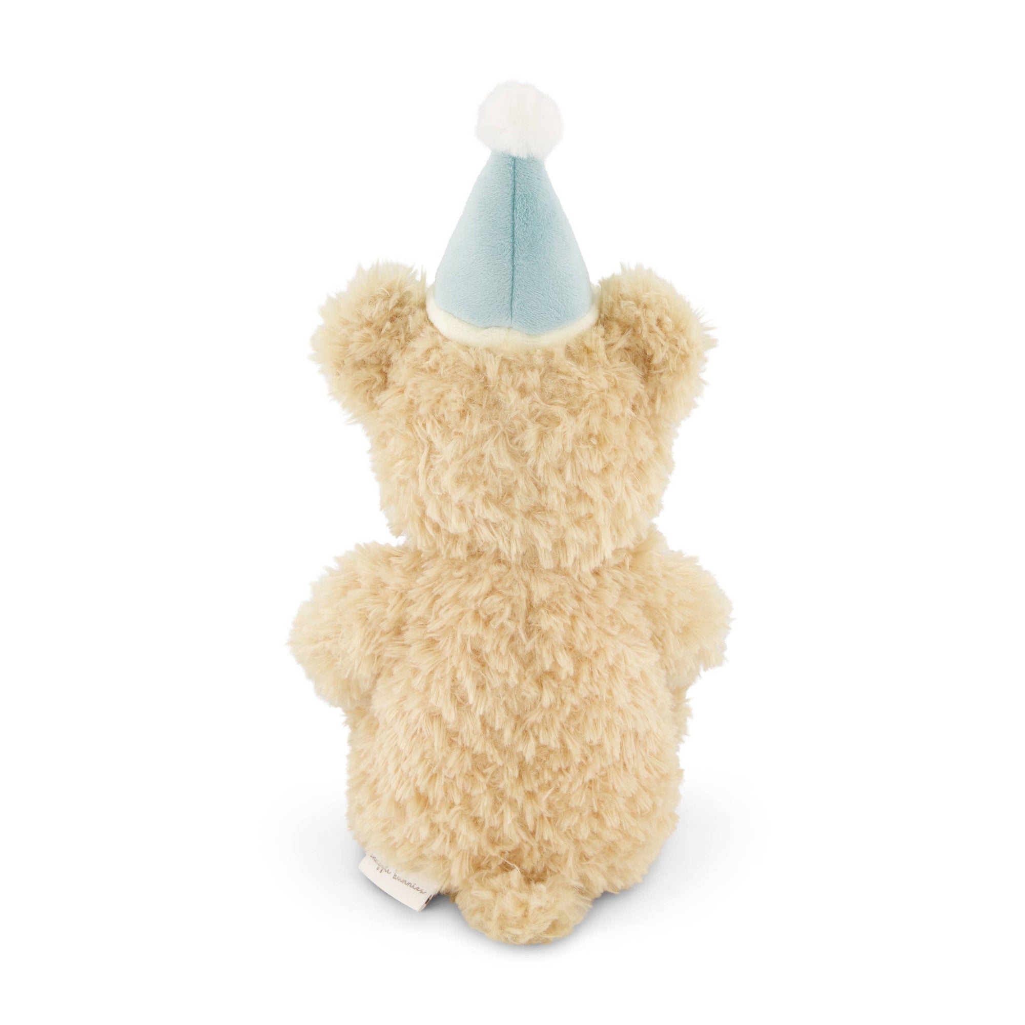 Small teddy bear wearing a party hat on a white background
