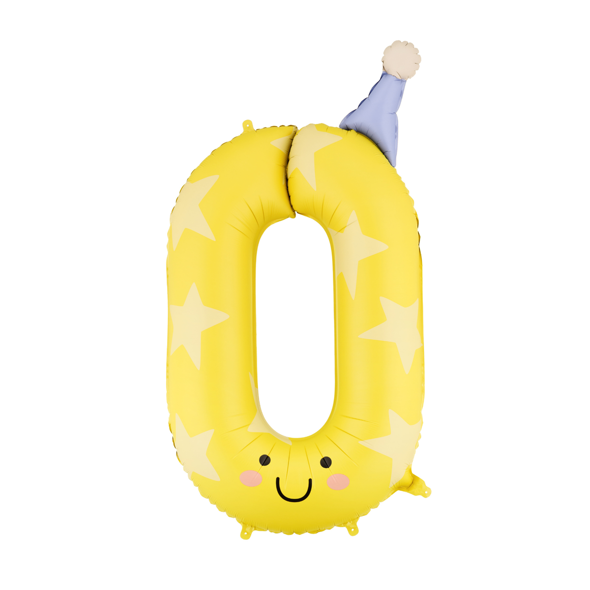 Yellow inflatable neck pillow with star pattern and a smiley face on a white background