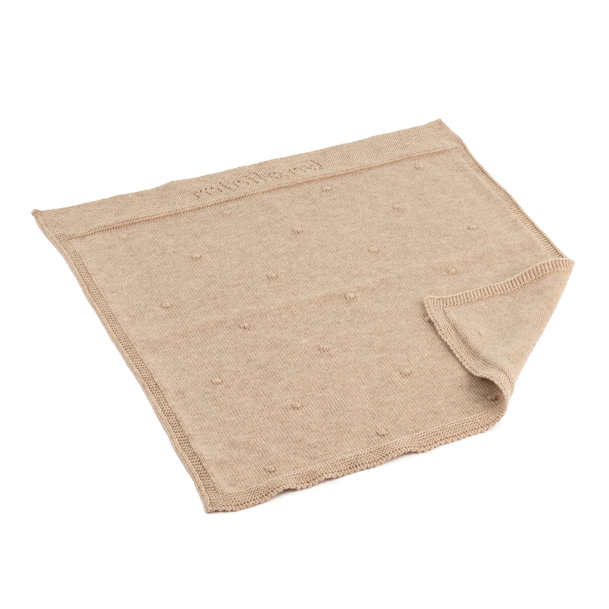Beige doll blanket with 'miniland' branding on a white background