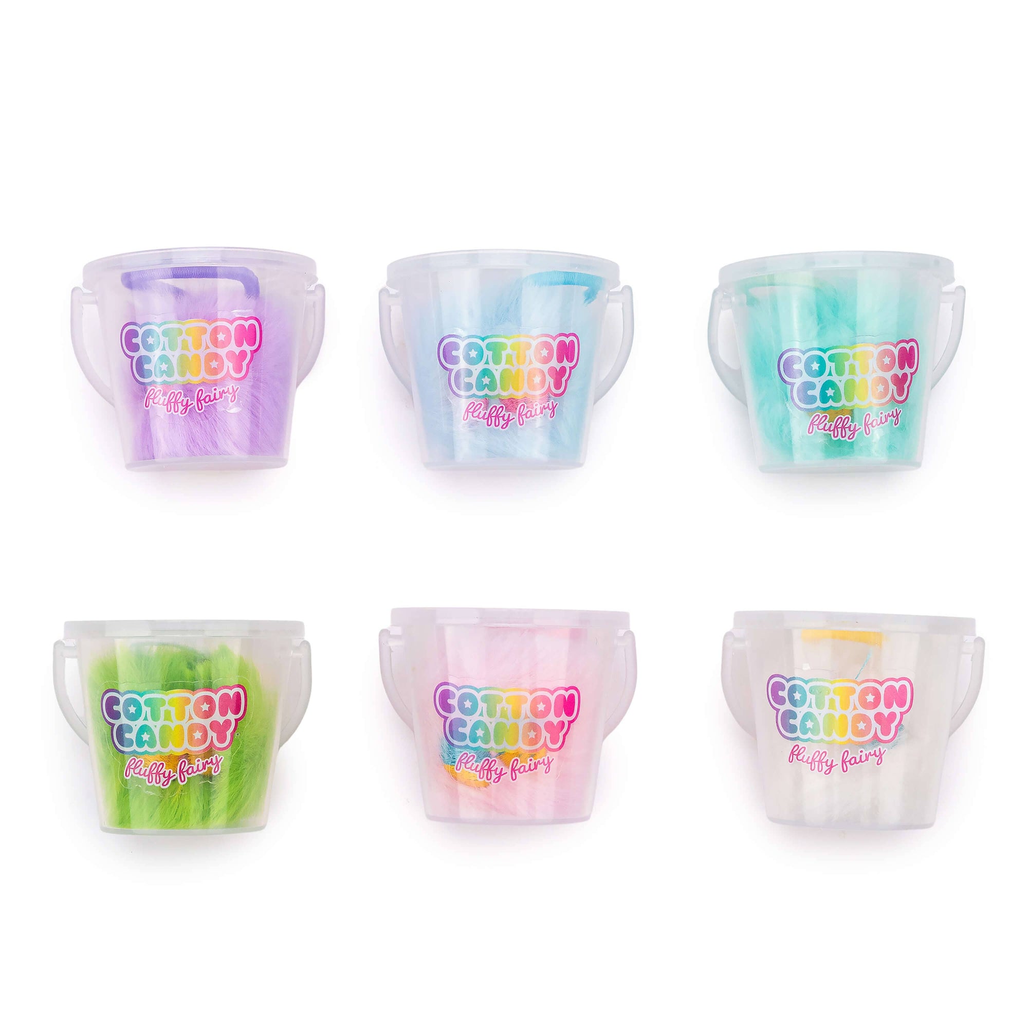 Set of six toy cotton candy packages with colorful labels on a white background