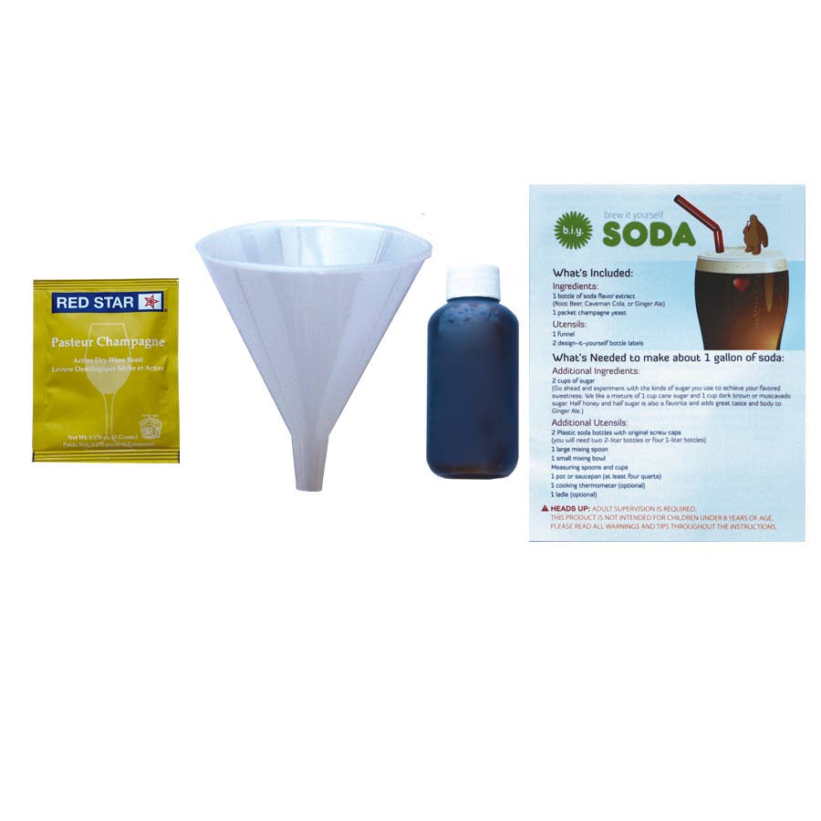 Beverage making kit with Red Star yeast packet, funnel, blue bottle, and recipe card on a white background.