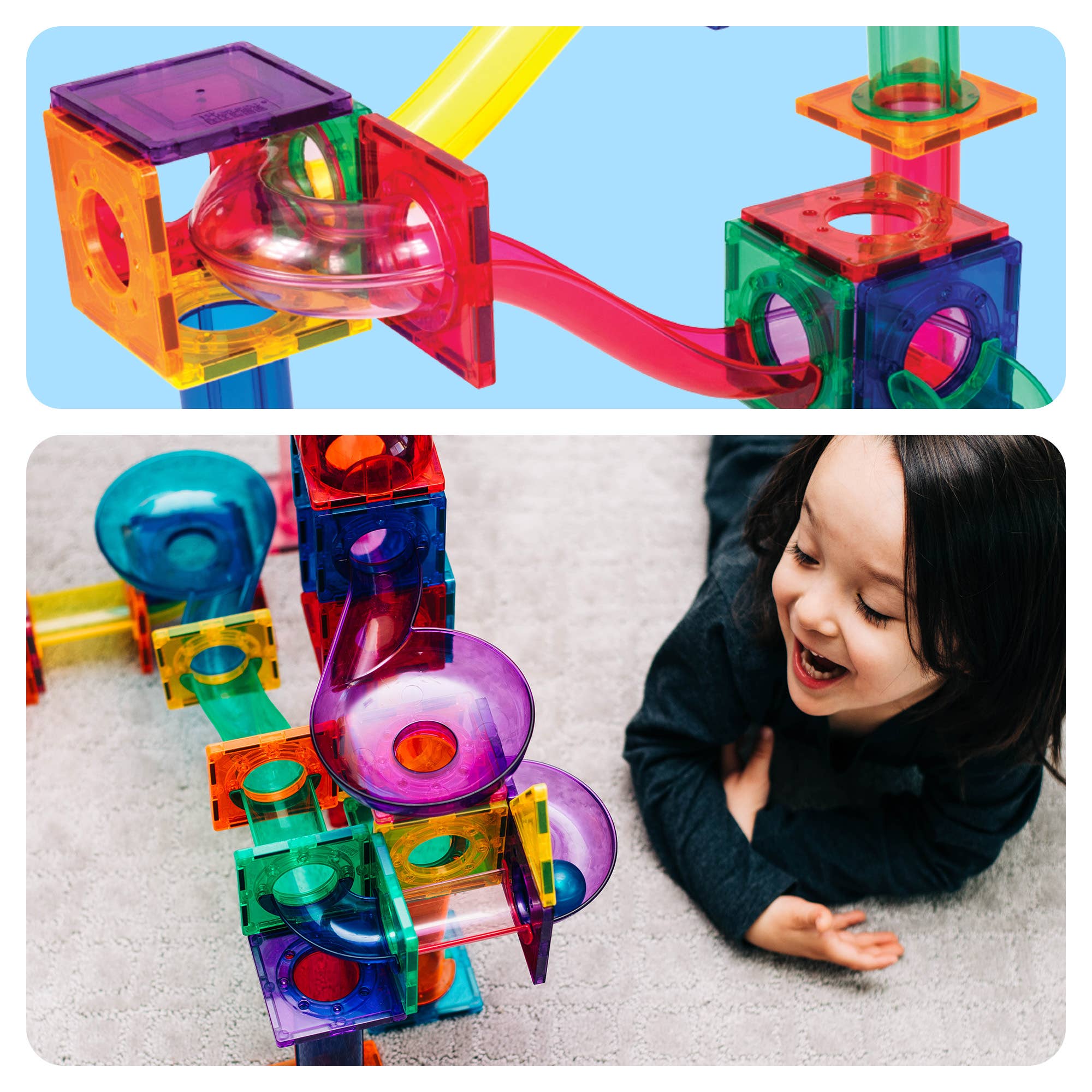 Colorful marble run toy set with a child playing with it.