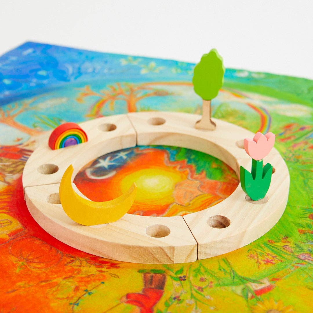 Wooden toy with colorful elements on a vibrant background