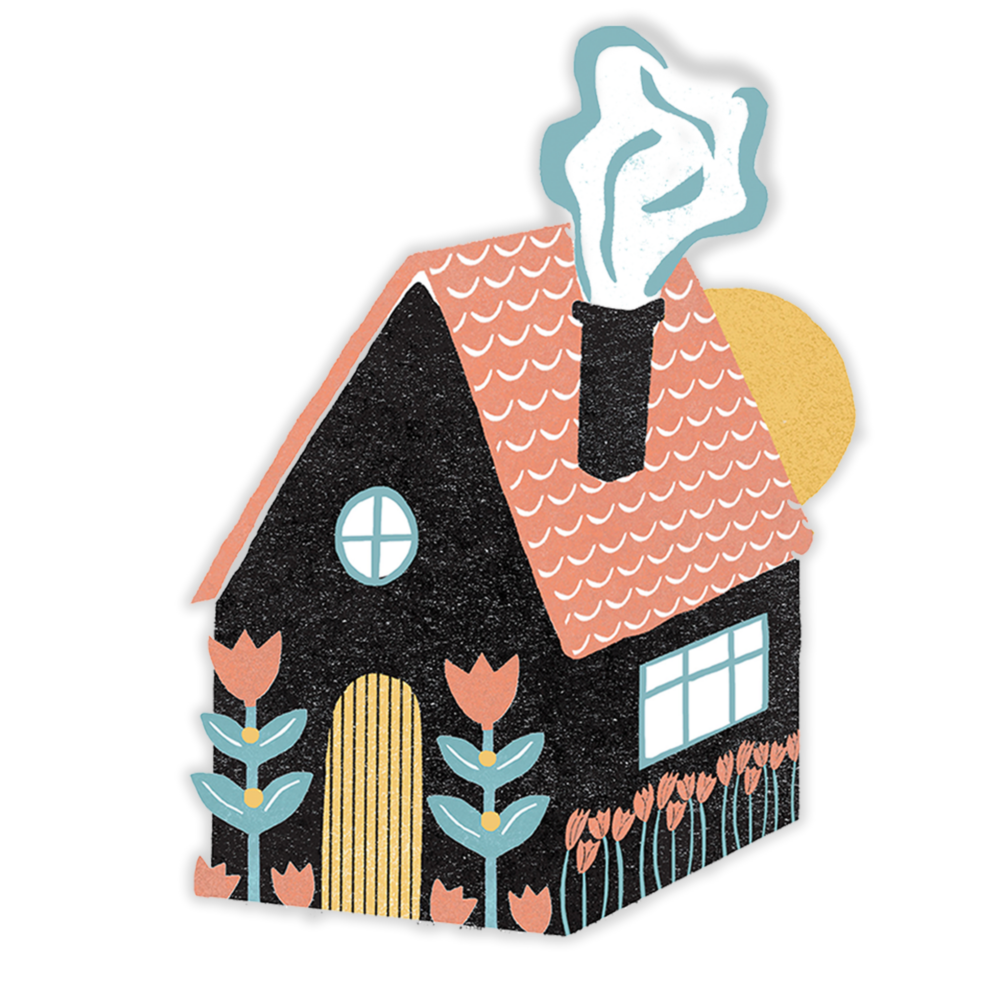 Illustration of a cartoon house with flowers and a chimney on a white background