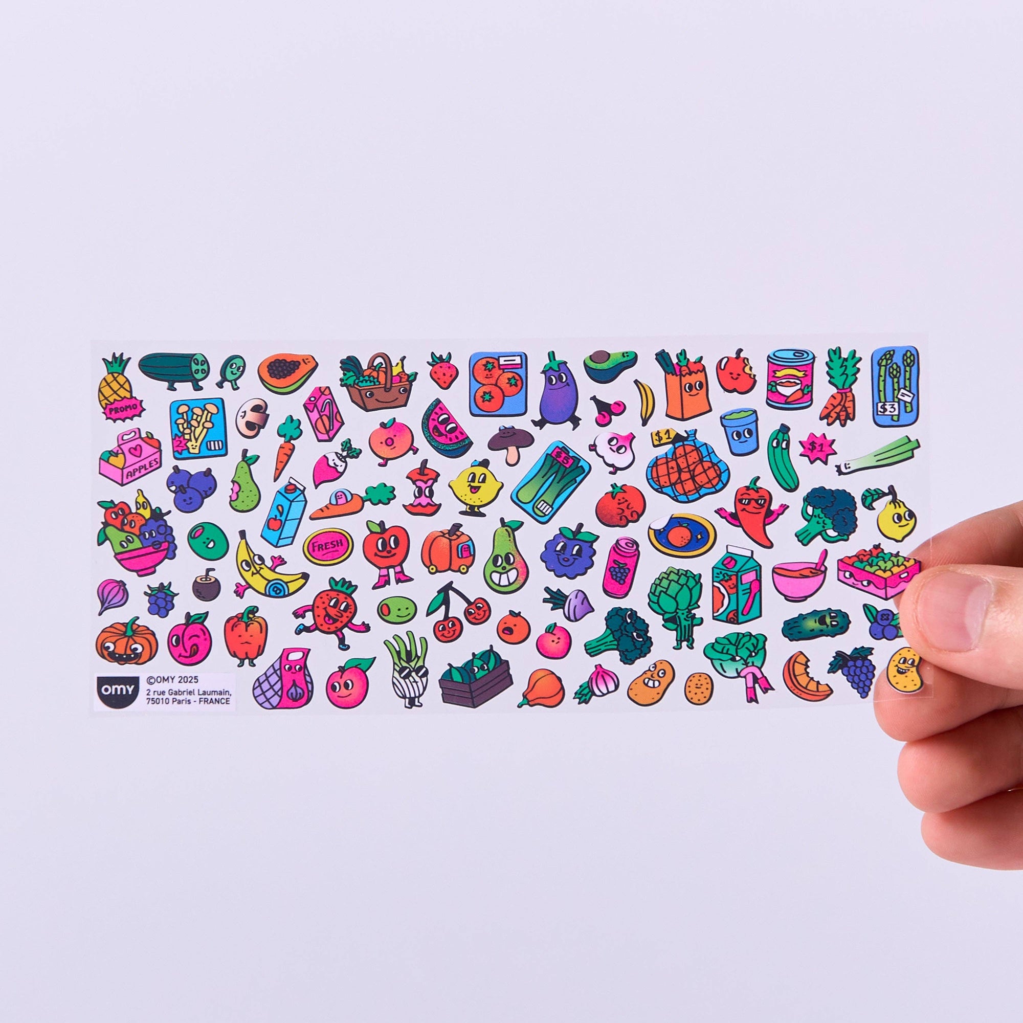 Colorful food-themed stickers arranged in a pattern on a light purple background.