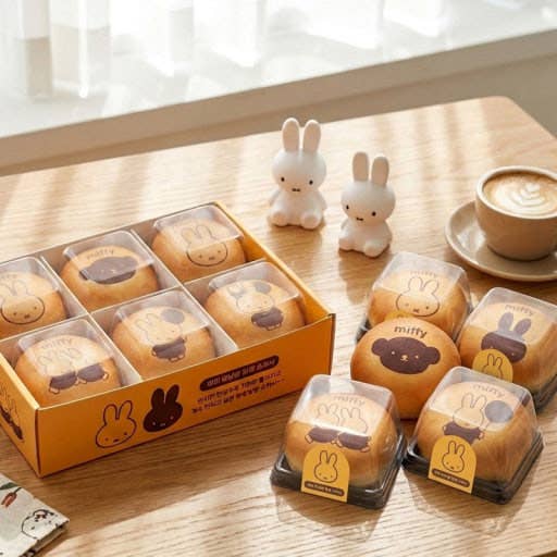 A box and several individually packaged round baked goods with bunny and bear face illustrations, arranged on a wooden table beside two small white bunny figurines and a cup of coffee in a bright indoor setting.