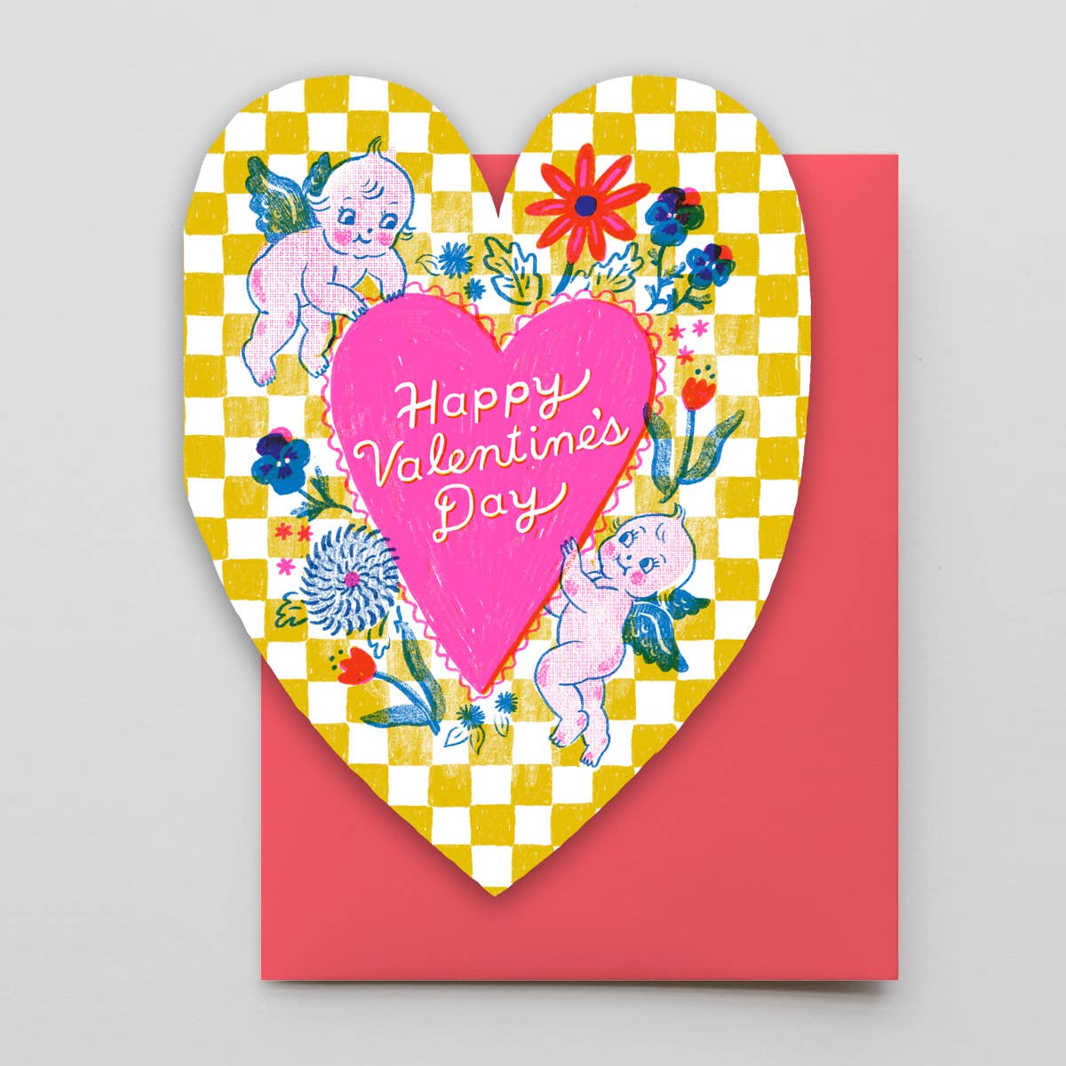 Heart-shaped Valentine's Day card with checkered border, cherubs, flowers, and 'Happy Valentine's Day' text.