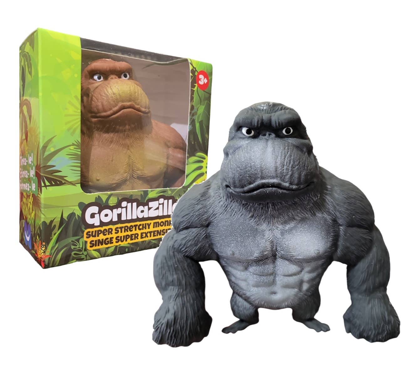 Gorillazilla toy figure next to its packaging on a white background