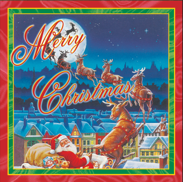 Christmas-themed cover with Santa Claus, reindeer, and a snowy village.