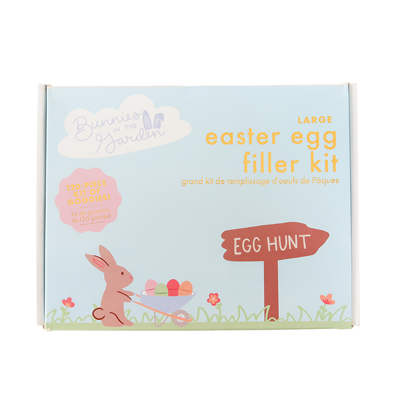 Easter egg filler kit packaging with bunny, eggs, and 'egg hunt' sign on a light blue background