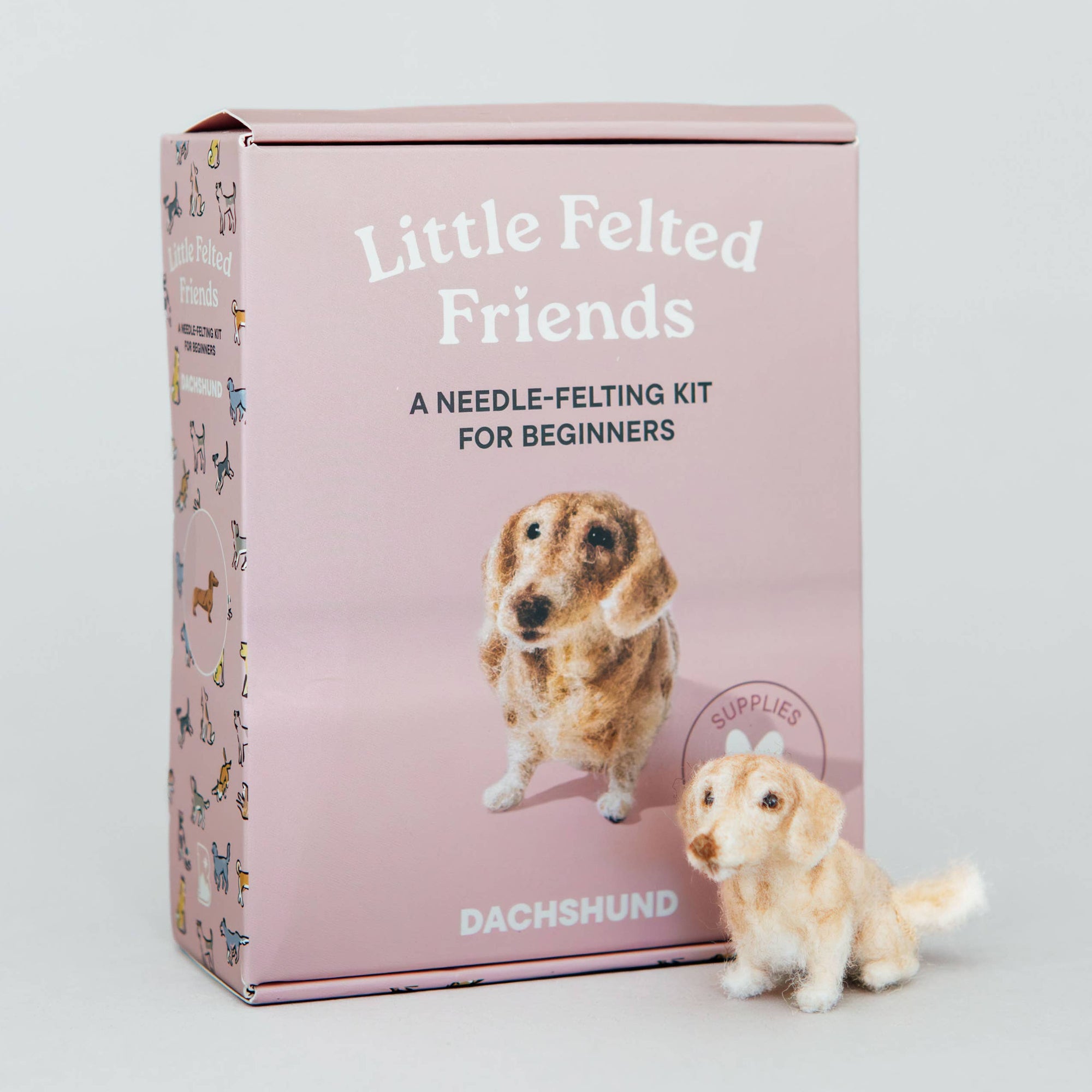 A pink box labeled 'Little Felted Friends' stands on a light gray studio background, with a small felt dog figurine placed in front of it. The box text reads 'A Needle-Felting Kit for Beginners' and shows a dog photo on the front.