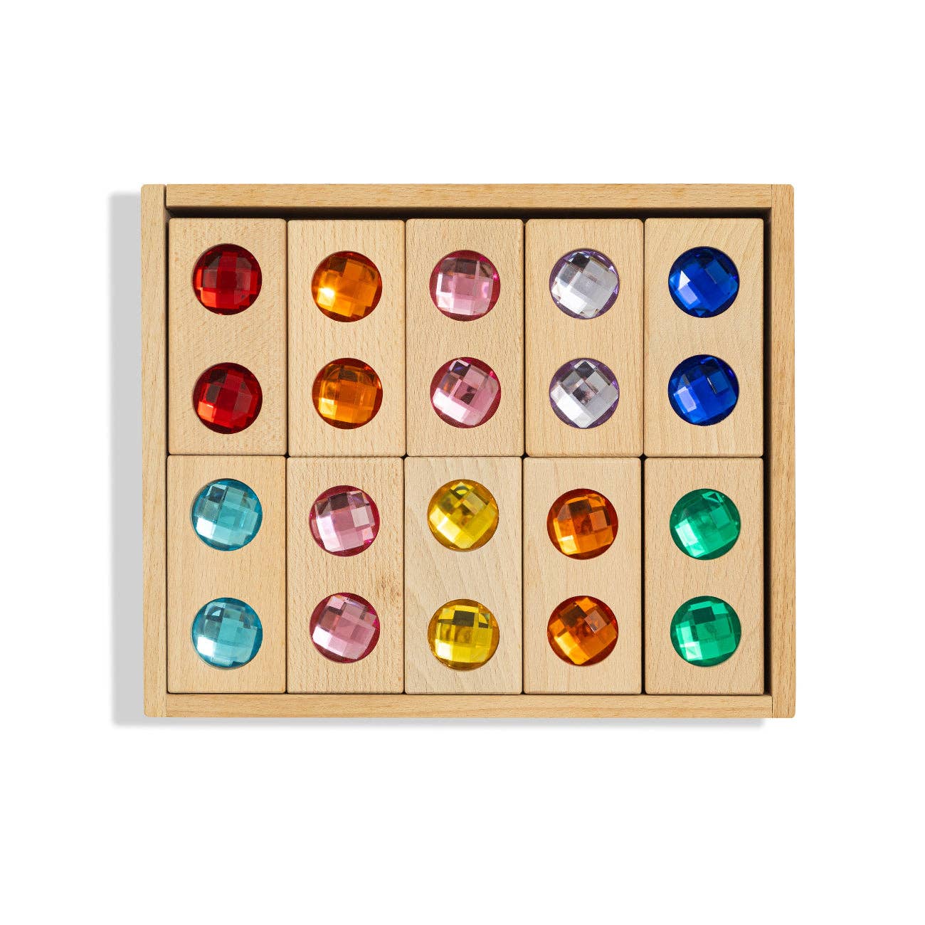 Wooden puzzle with colorful gemstones on a white background
