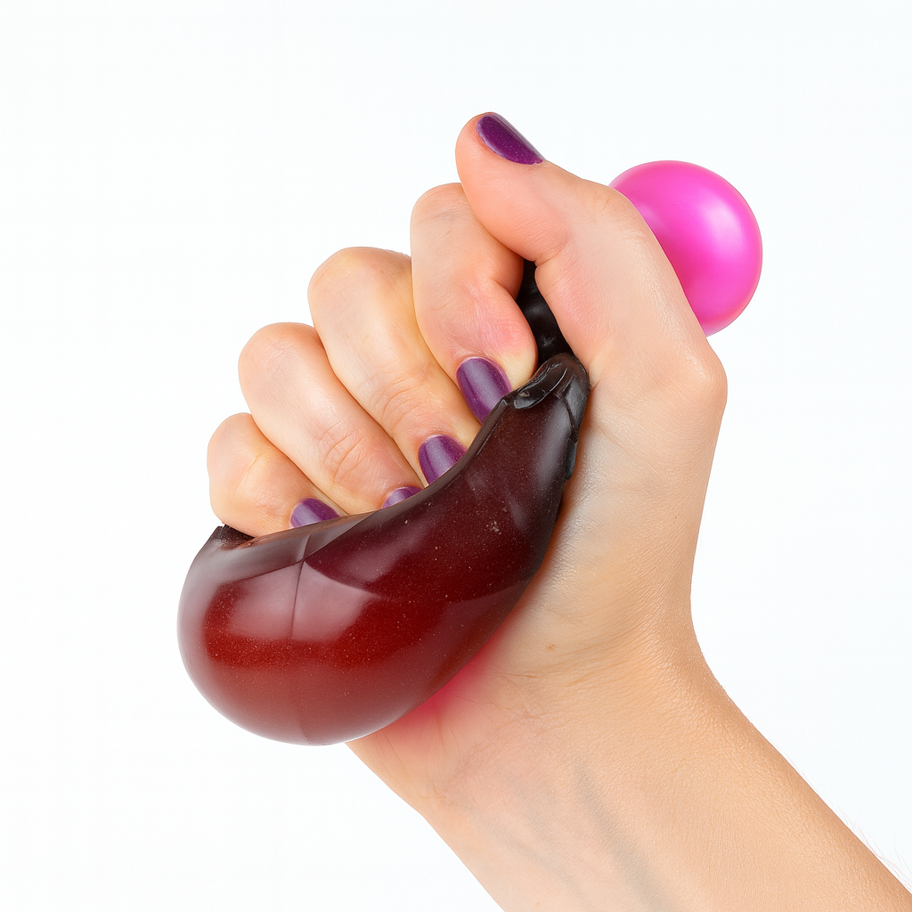 Hand holding a purple and brown stress ball against a white background