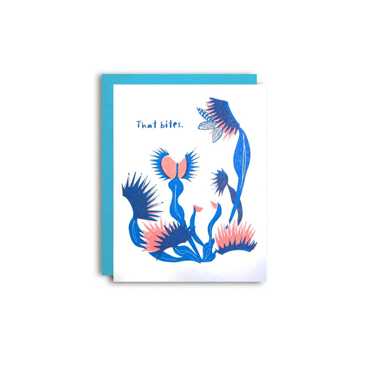 Greeting card with blue and pink floral design on a white background