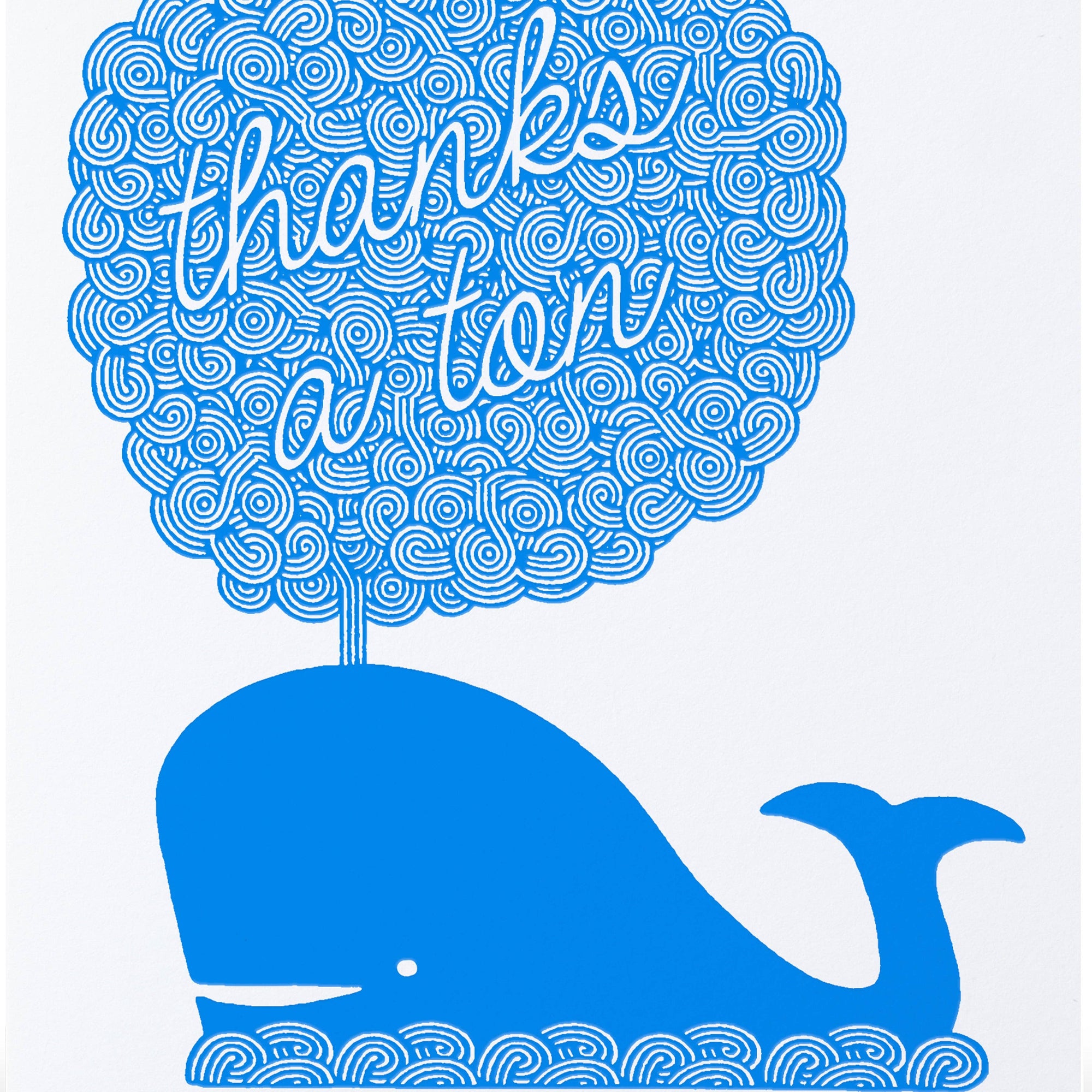 A blue and white graphic design featuring a whale silhouette with a tree made of concentric circles, with the phrase 'thanks a lot' written in white script across the tree, on a light gray background.