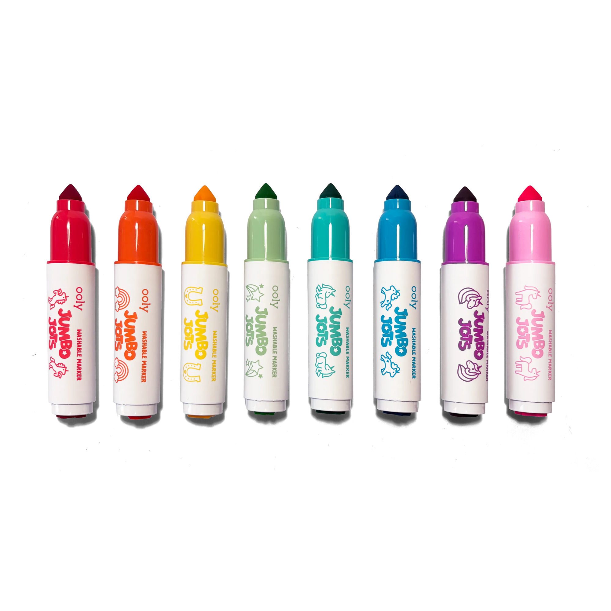 Set of colorful markers with visible brand names on a white background