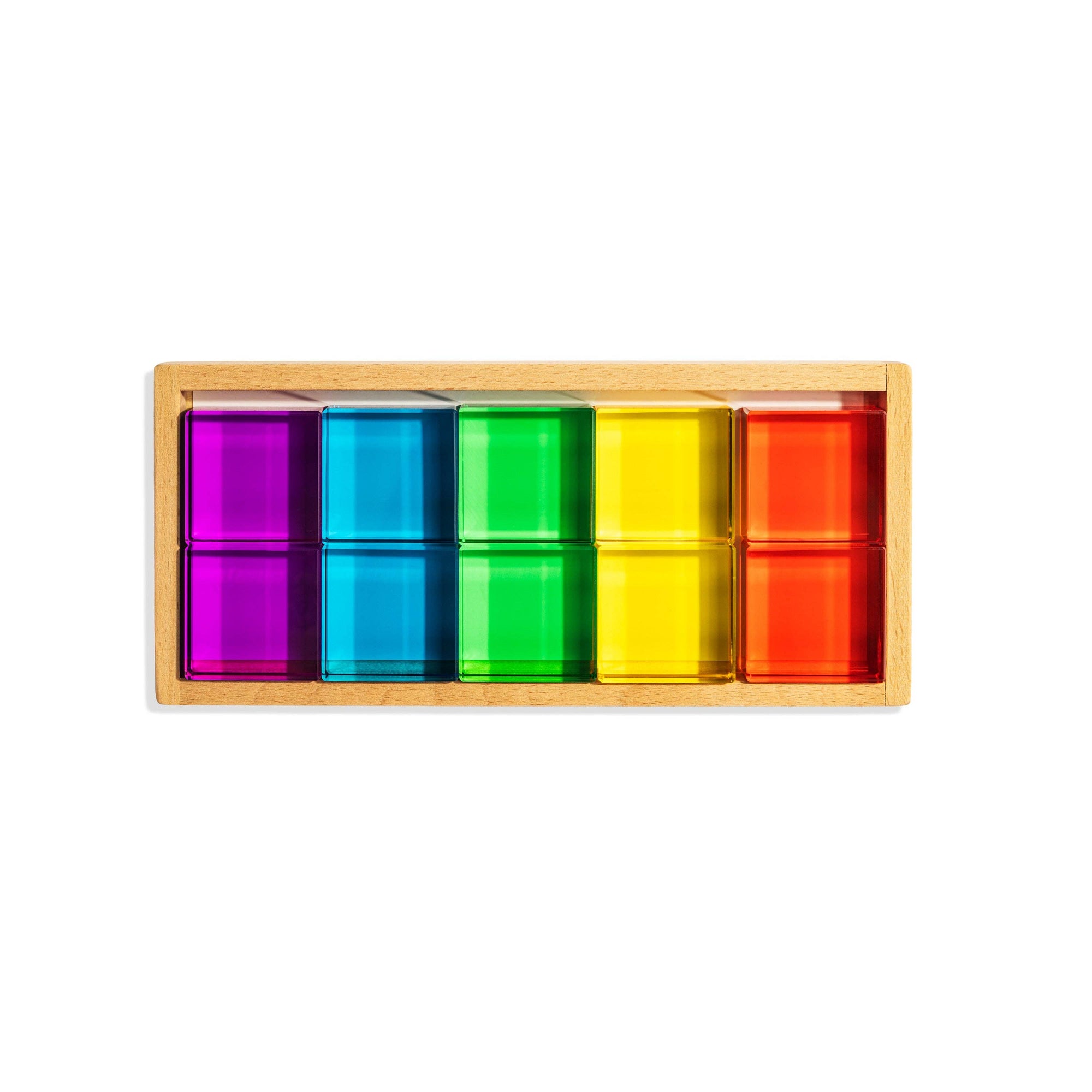 Colorful wooden block set with five compartments on a white background