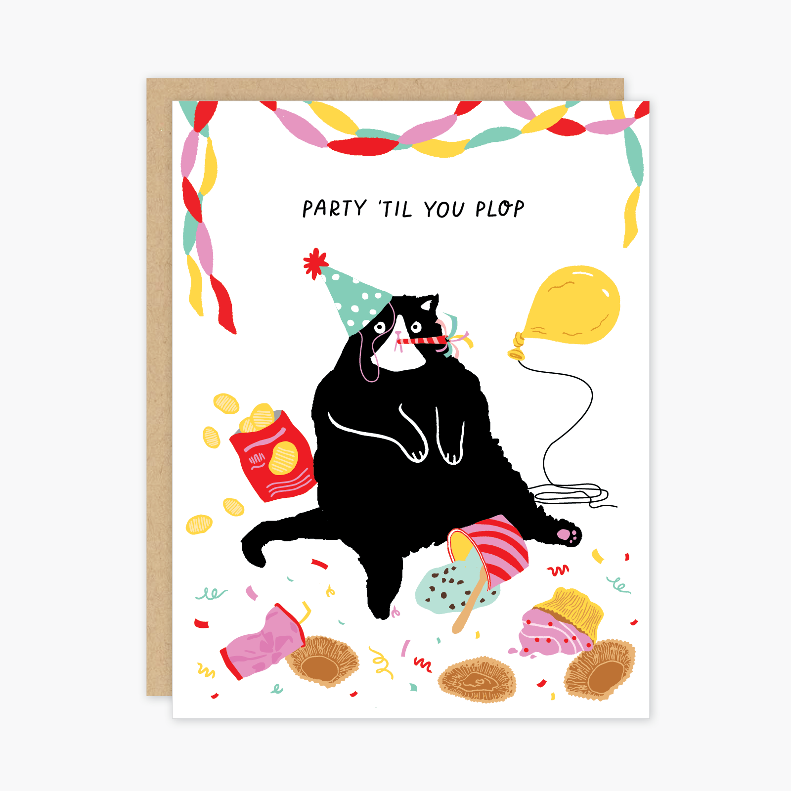 Greeting card with a black cat in a party hat surrounded by party-themed illustrations and text 'Party 'Til You Plop'.