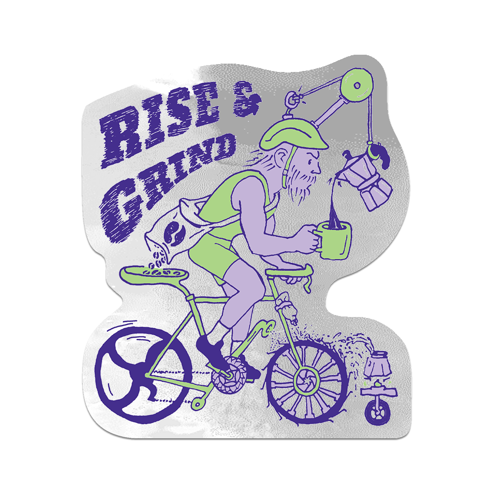 Sticker with a graphic of a person riding a bicycle and the text 'Rise & Grind' on a white background.