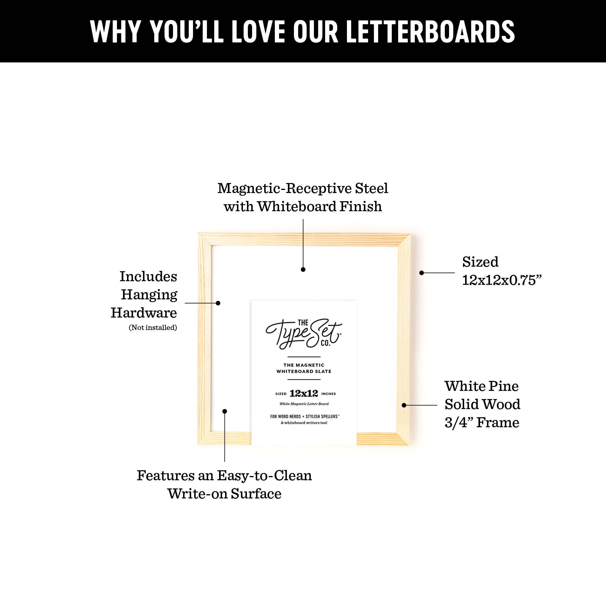 Product description of a letterboard with features highlighted on a white background.